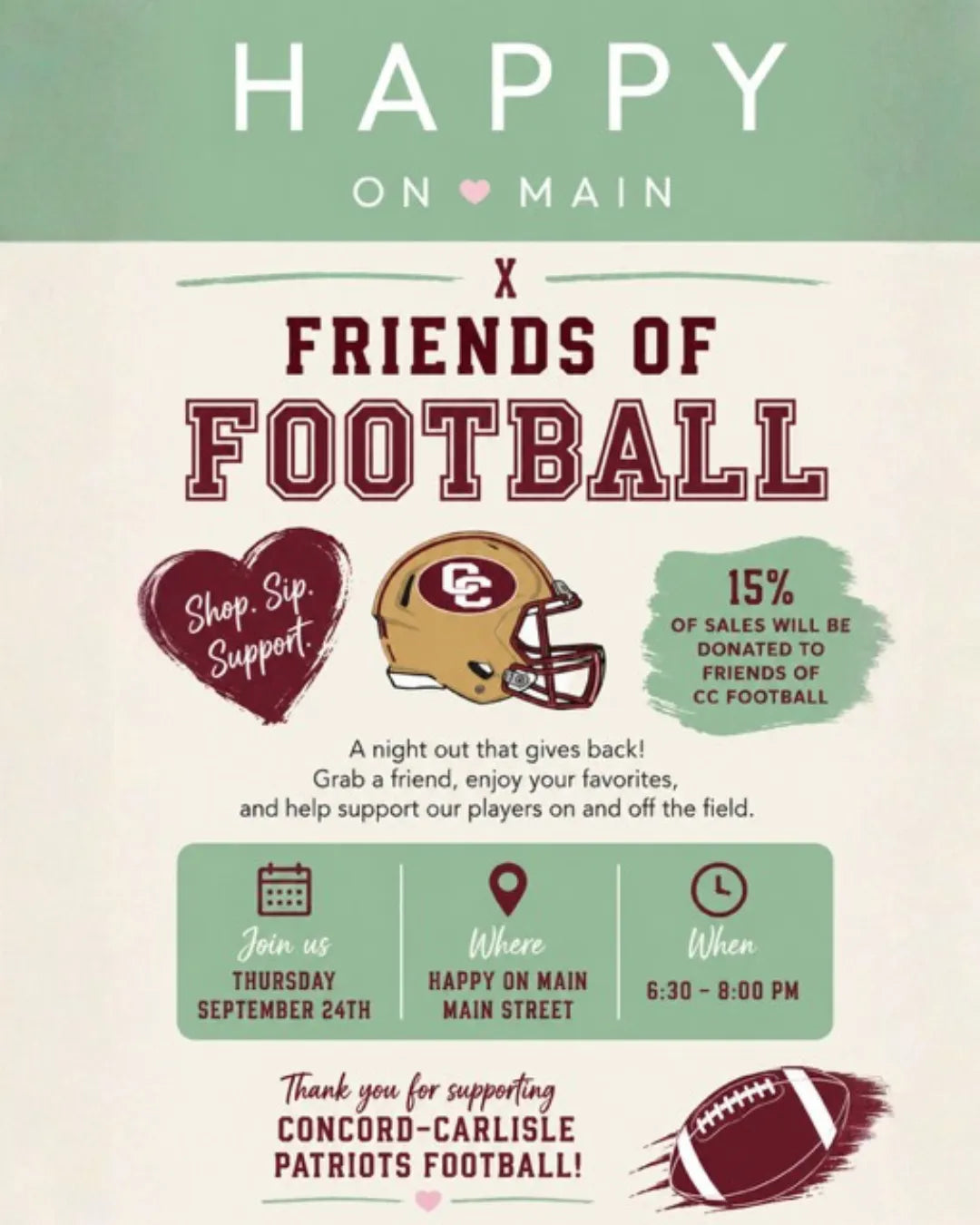 Friends of Football: Shop, Sip & Support | September 24th 6:30-8pm-Happy on Main-Happy on Main