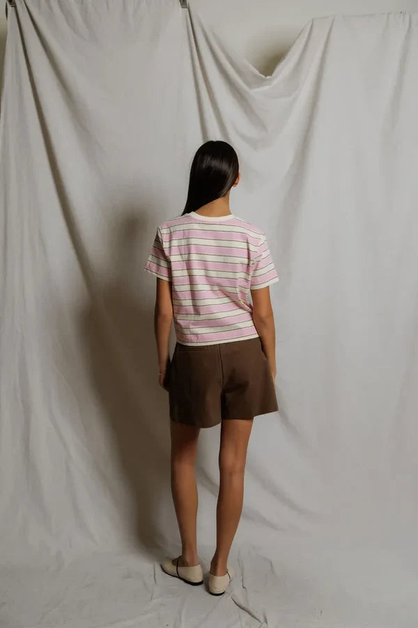 Gia Stripes Crew Tee - Sugar Pink Stripe-perfectwhitetee-Happy on Main