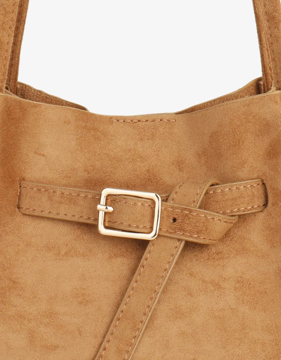 Hollace Mini Tote Faux Suede Buckle Camel-Remi/Reid-Happy on Main