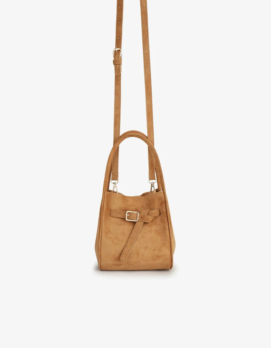 Hollace Mini Tote Faux Suede Buckle Camel-Remi/Reid-Happy on Main
