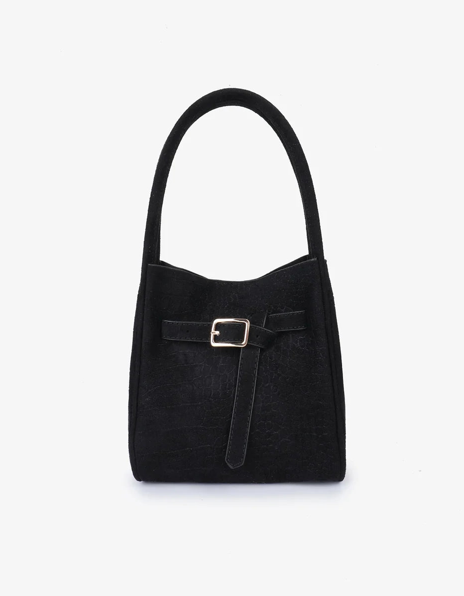 Hollace Mini Tote Faux Suede Croc Buckle Black-Remi/Reid-Happy on Main