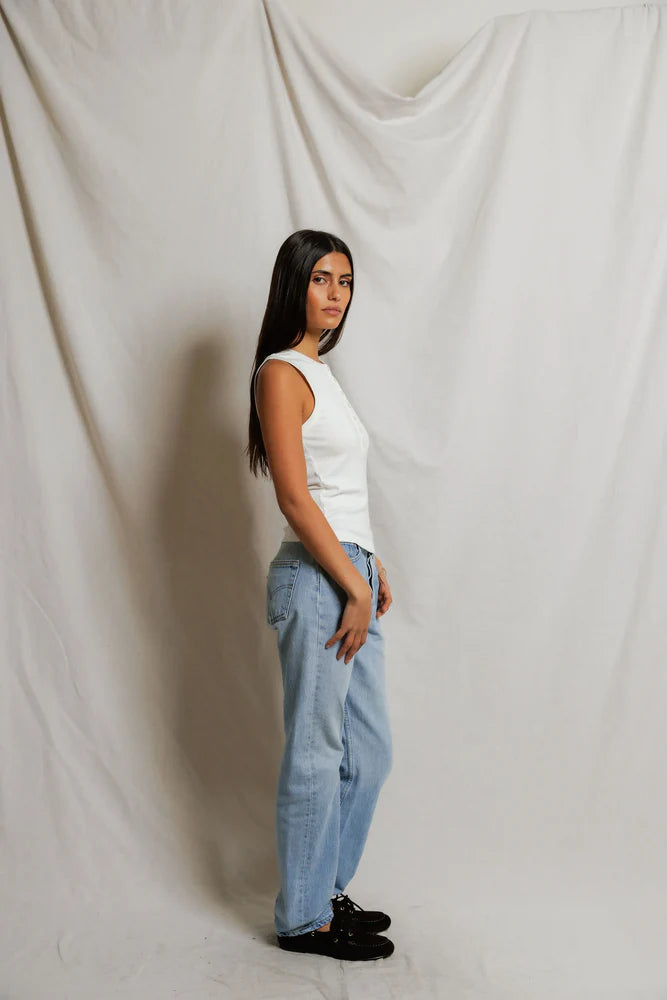 Loretta Quarter Button Down Luxe Rib Tank Top - White-perfectwhitetee-Happy on Main