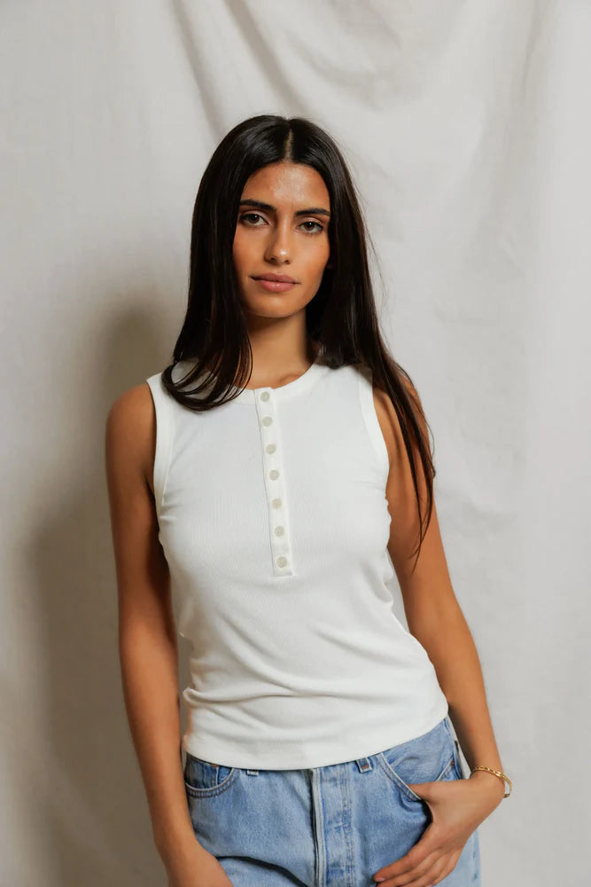 Loretta Quarter Button Down Luxe Rib Tank Top - White-perfectwhitetee-Happy on Main