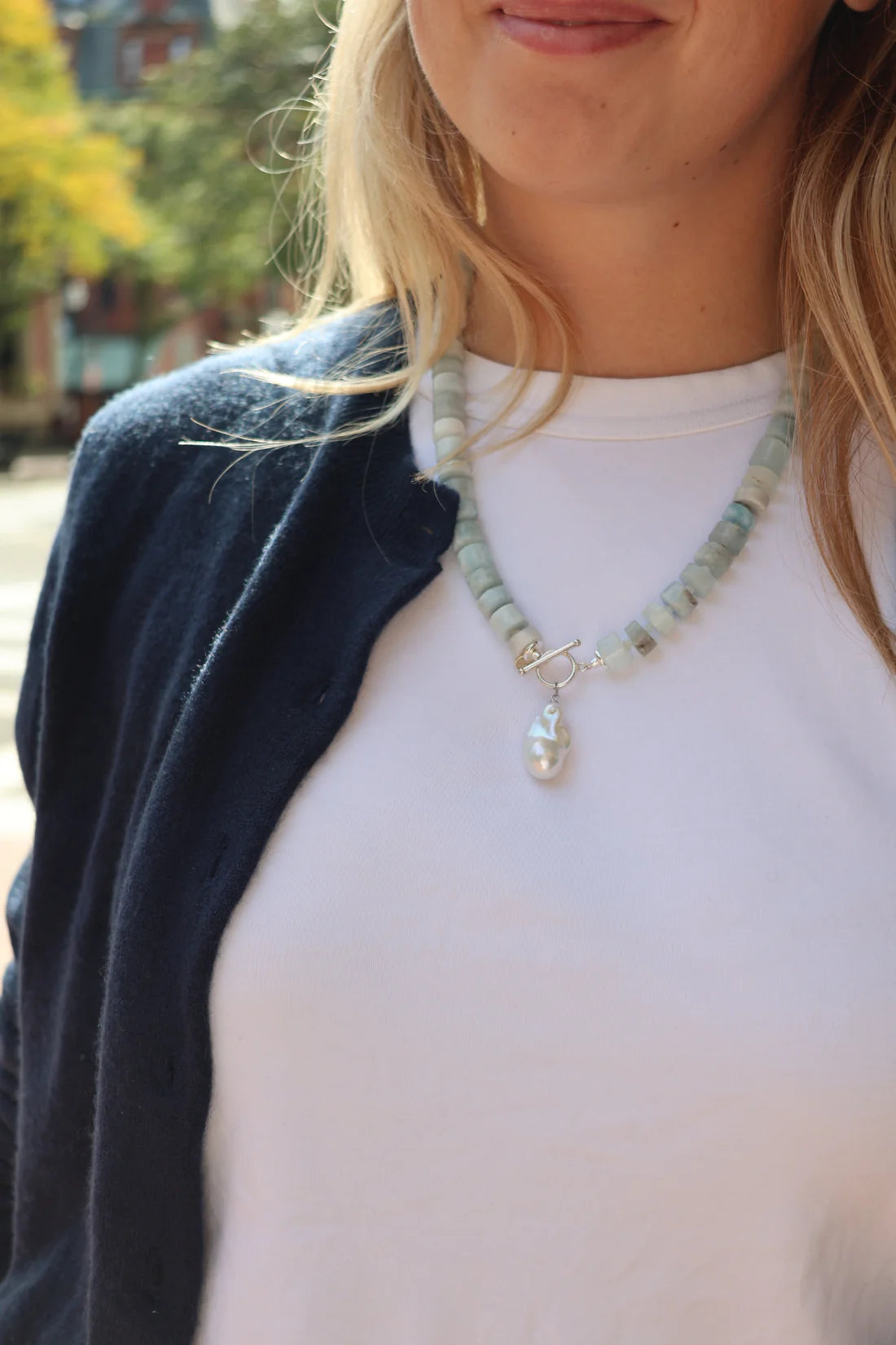 Gemstone Pearl Charm Necklace - Aquamarine-Wear Loulu X Happy on Main-Happy on Main