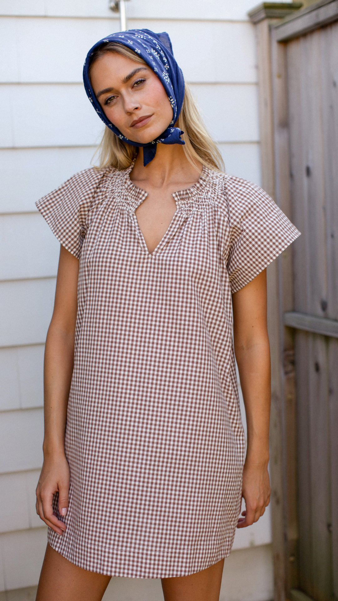 Cecelia Shortie Dress - Mocha Mini Gingham-Marea-Happy on Main