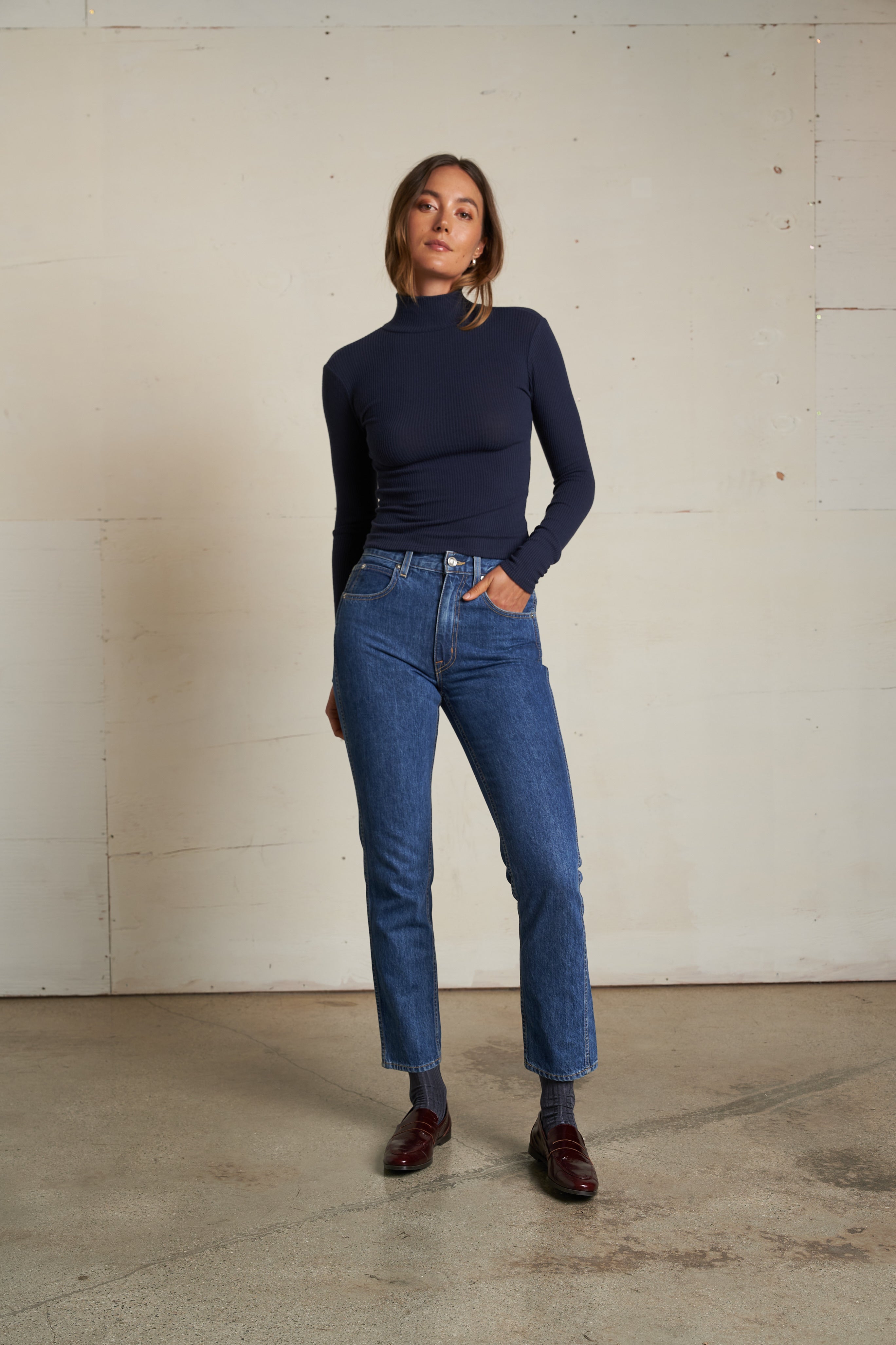 Noelle Sweater Rib Turtle Neck - Navy-perfectwhitetee-Happy on Main