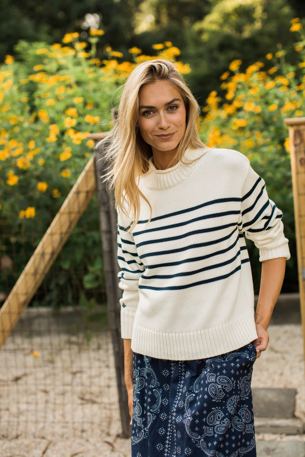 Millie Rollneck Sweater - Ivory/Navy Stripe-Marea-Happy on Main