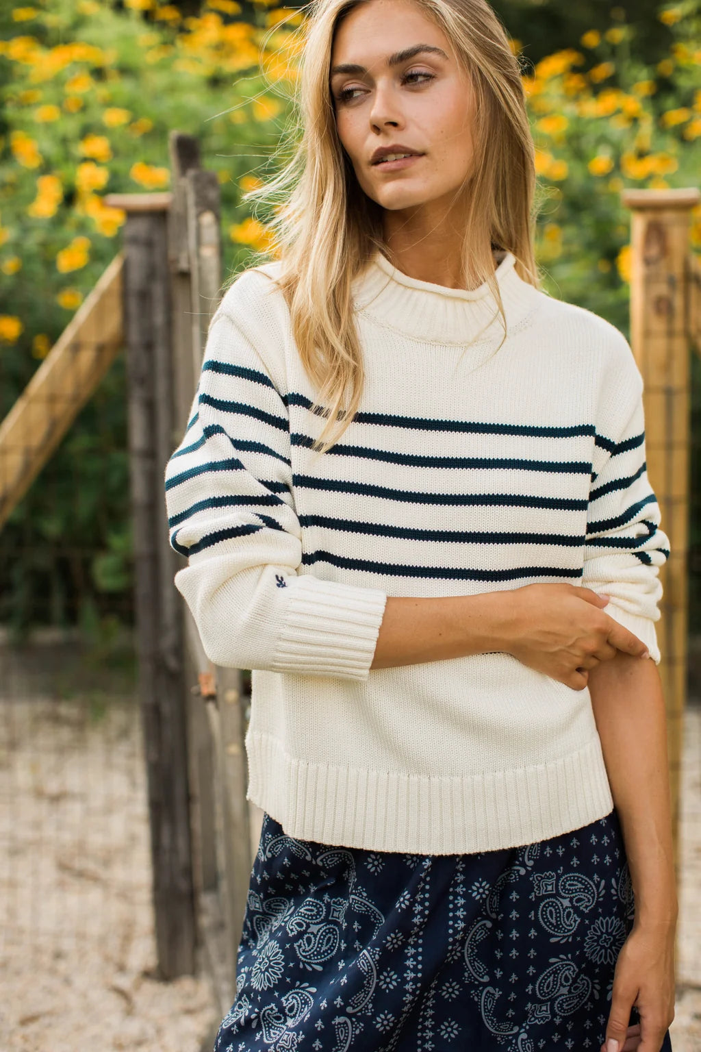 Millie Rollneck Sweater - Ivory/Navy Stripe-Marea-Happy on Main