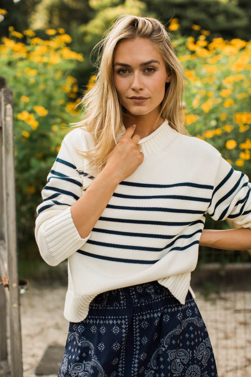 Millie Rollneck Sweater - Ivory/Navy Stripe-Marea-Happy on Main