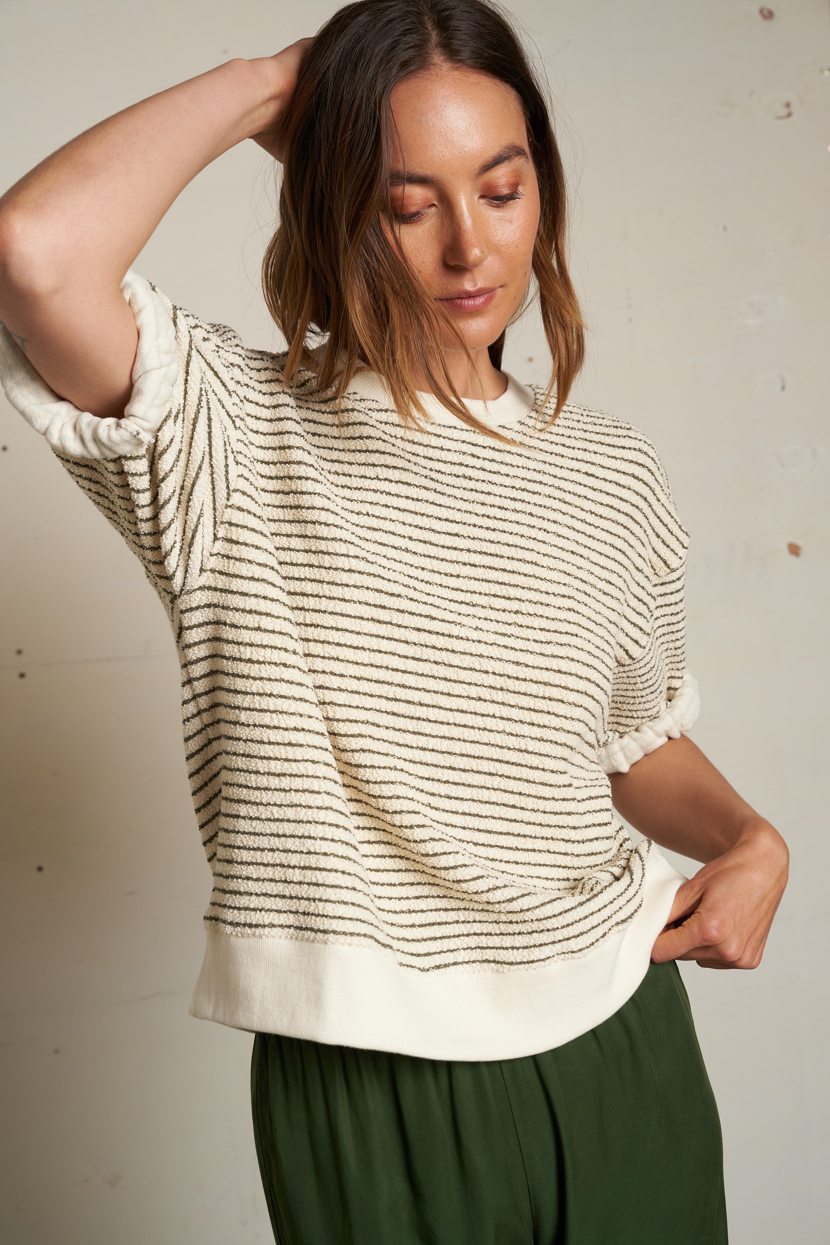 Rebecca French Terry Stripe 3/4 Puff Sleeve Sweatshirt - Green Stripe-perfectwhitetee-Happy on Main
