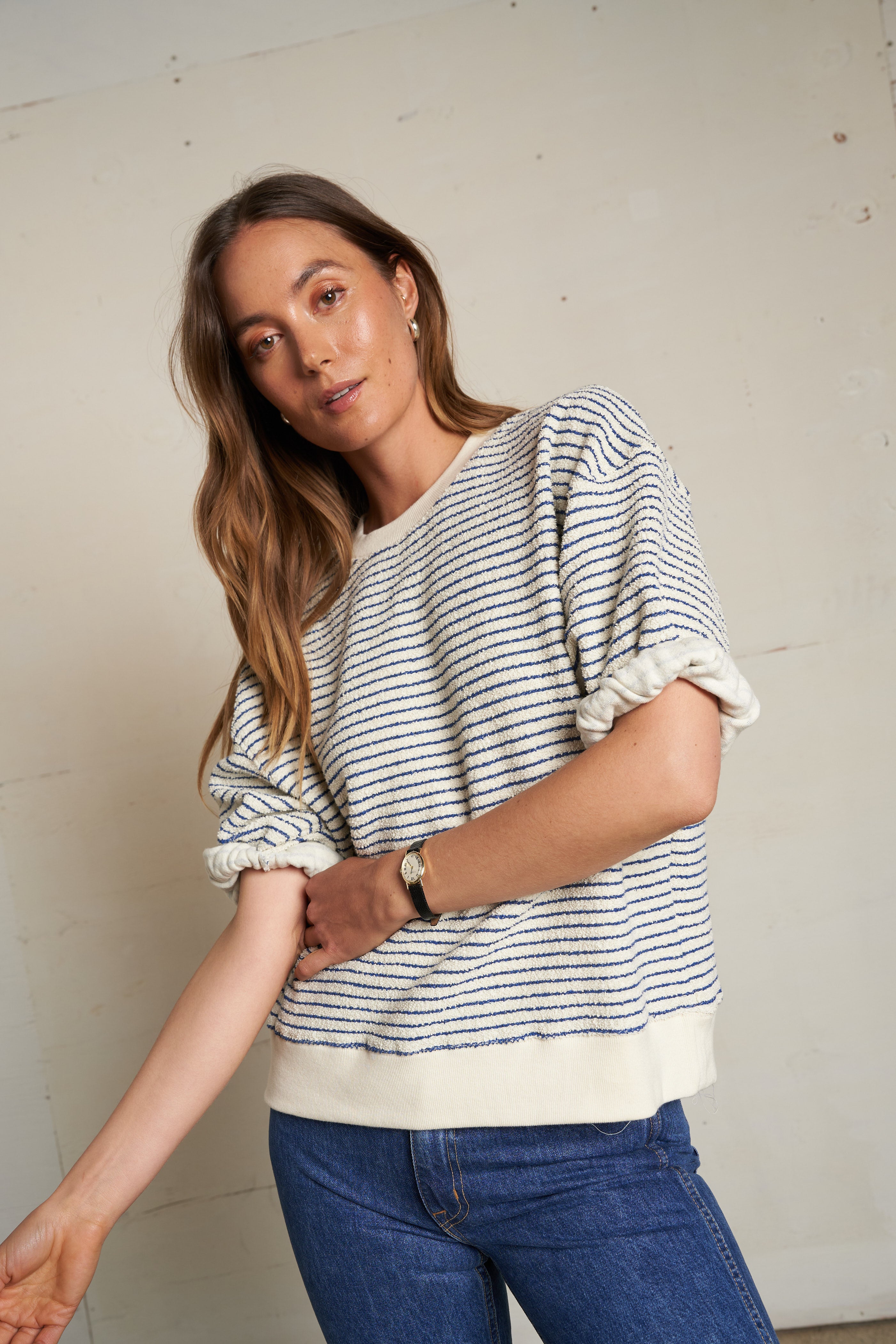 Rebecca French Terry Stripe 3/4 Puff Sleeve Sweatshirt - Navy Stripe-perfectwhitetee-Happy on Main