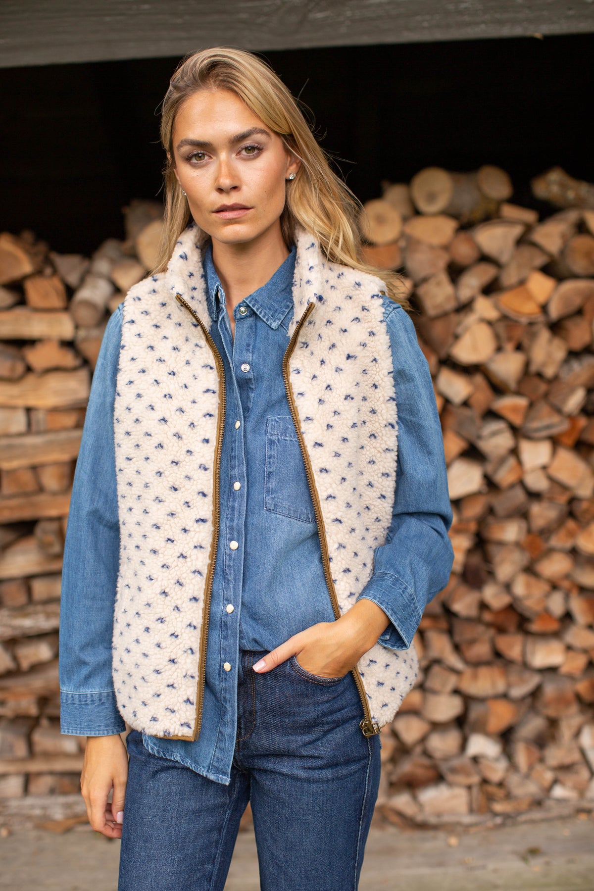Sherpa Vest - Ivory/Blue Birdseye-Marea-Happy on Main