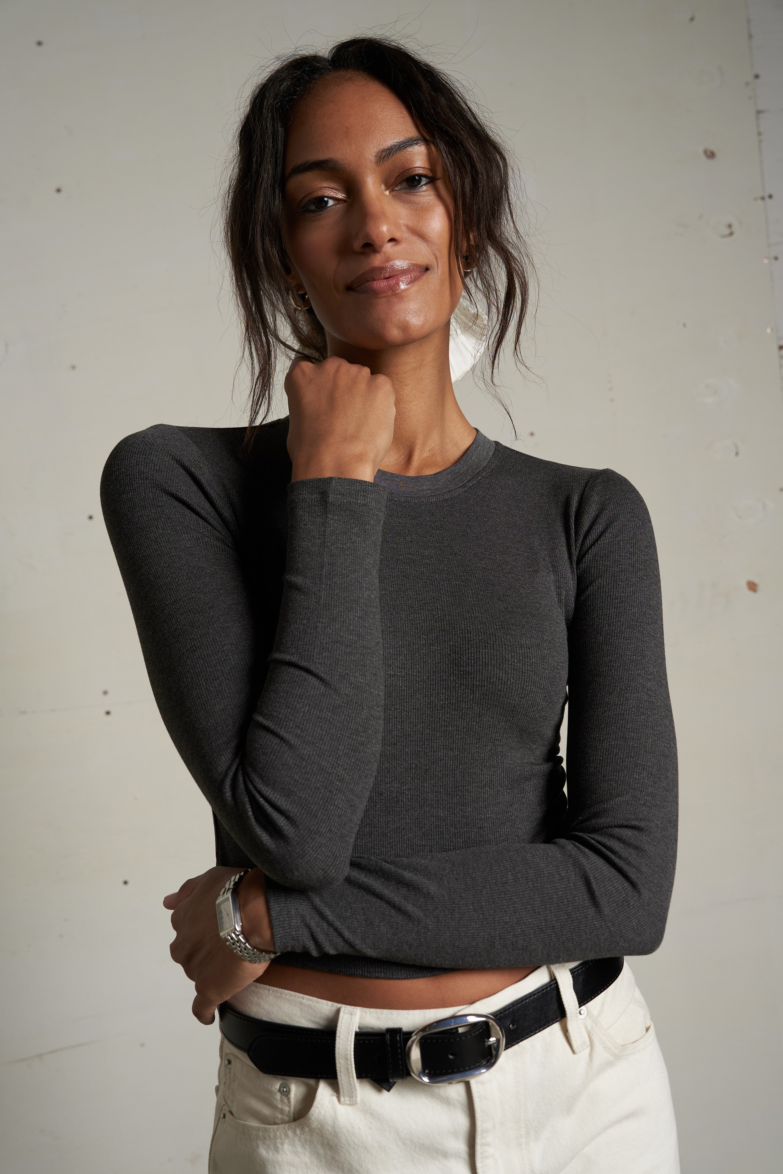 Sienna Luxe Rib Cropped Long Sleeve - Charcoal-perfectwhitetee-Happy on Main
