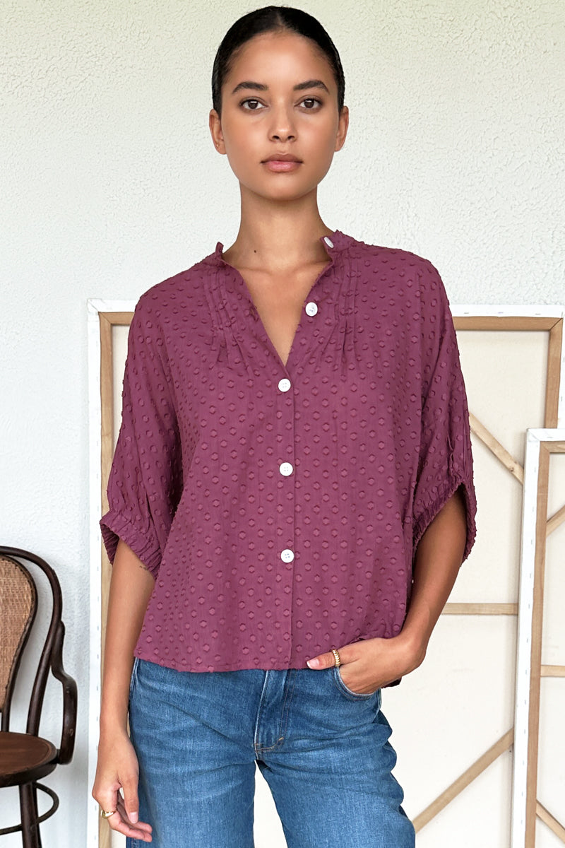 Mandarin Collar Top - Crushed Berry Swiss Dot-Emerson Fry-Happy on Main