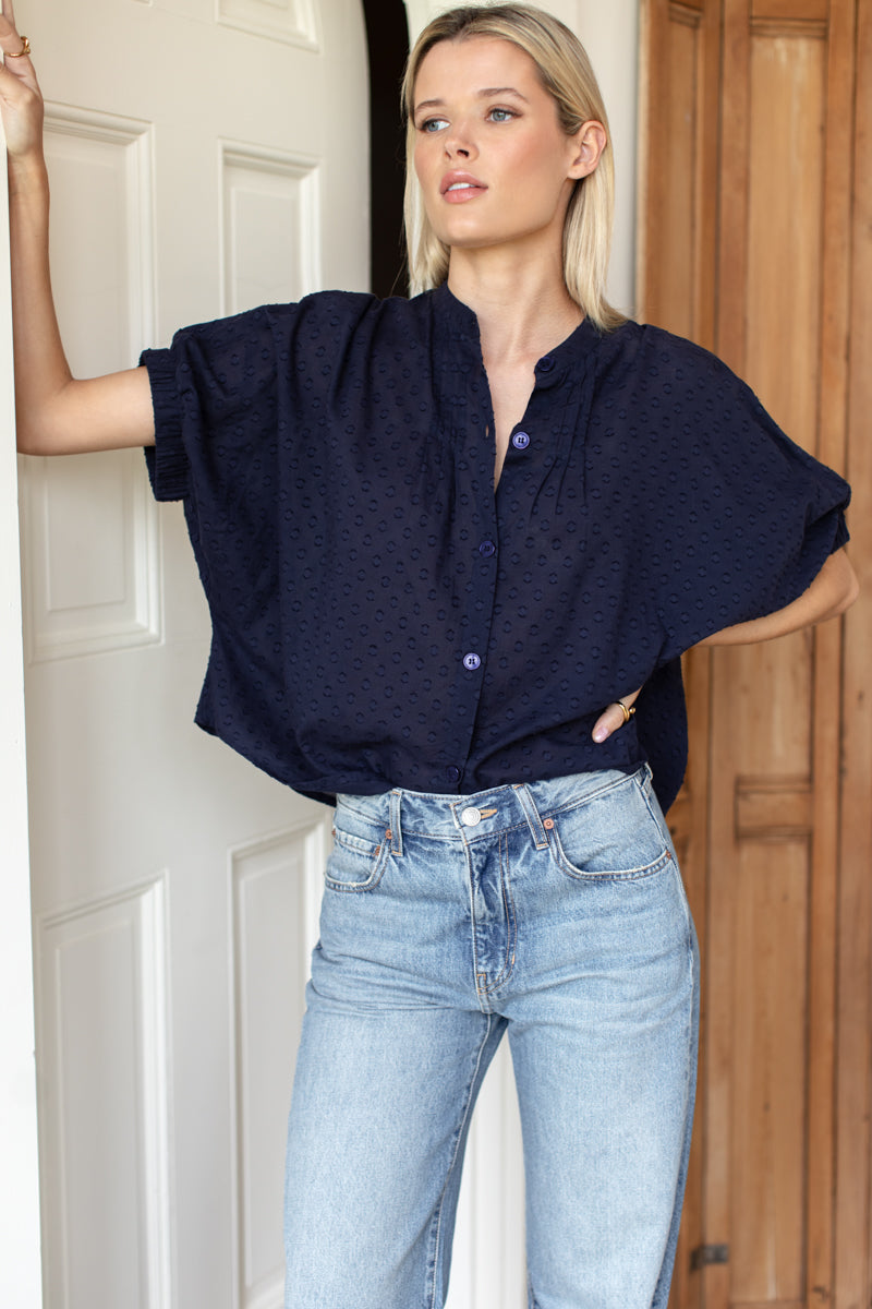 Mandarin Collar Top - Maritime Swiss Dot-Emerson Fry-Happy on Main