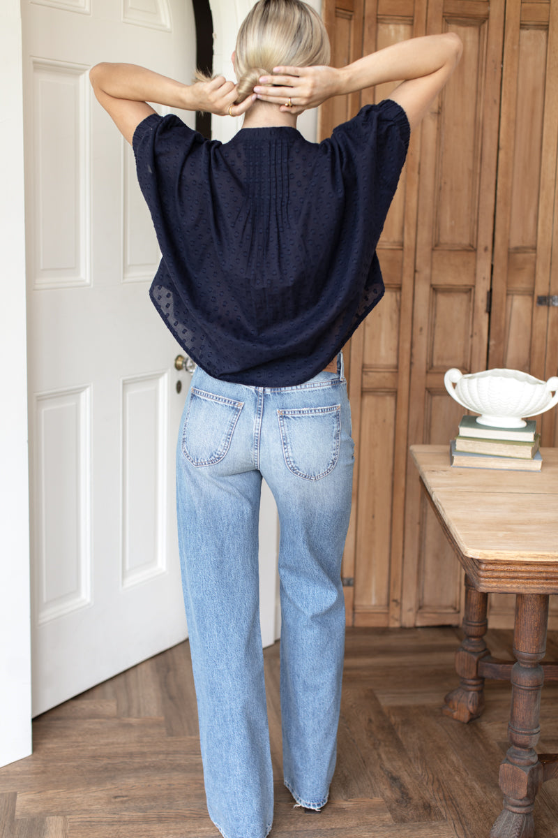 Mandarin Collar Top - Maritime Swiss Dot-Emerson Fry-Happy on Main