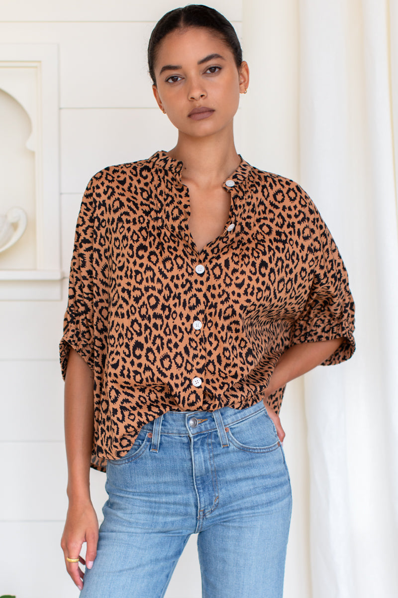 Mandarin Collar Top - Vintage Leopard-Emerson Fry-Happy on Main