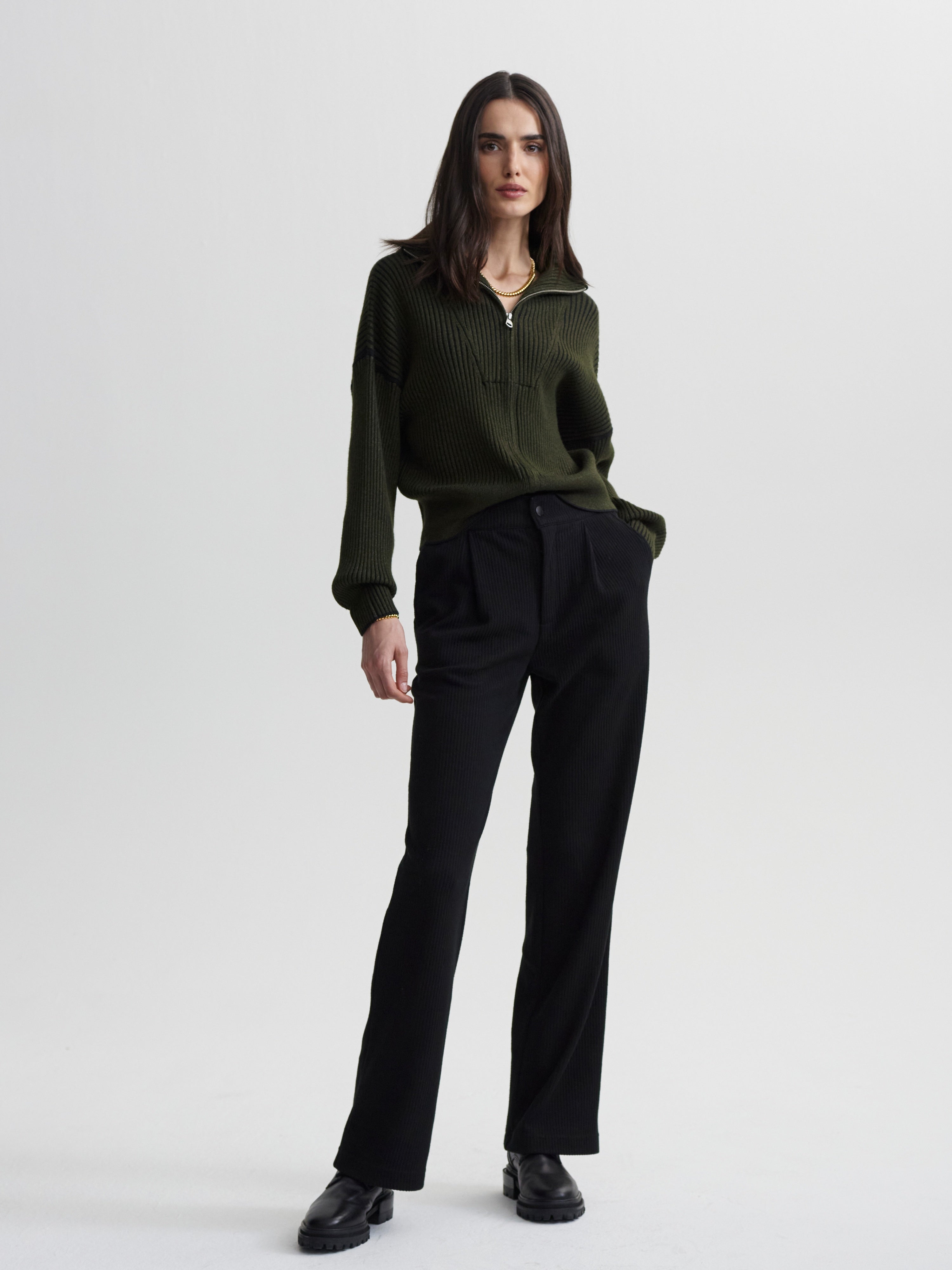 Carmen Zip Through Rib Knit - Dark Olive-Varley-Happy on Main