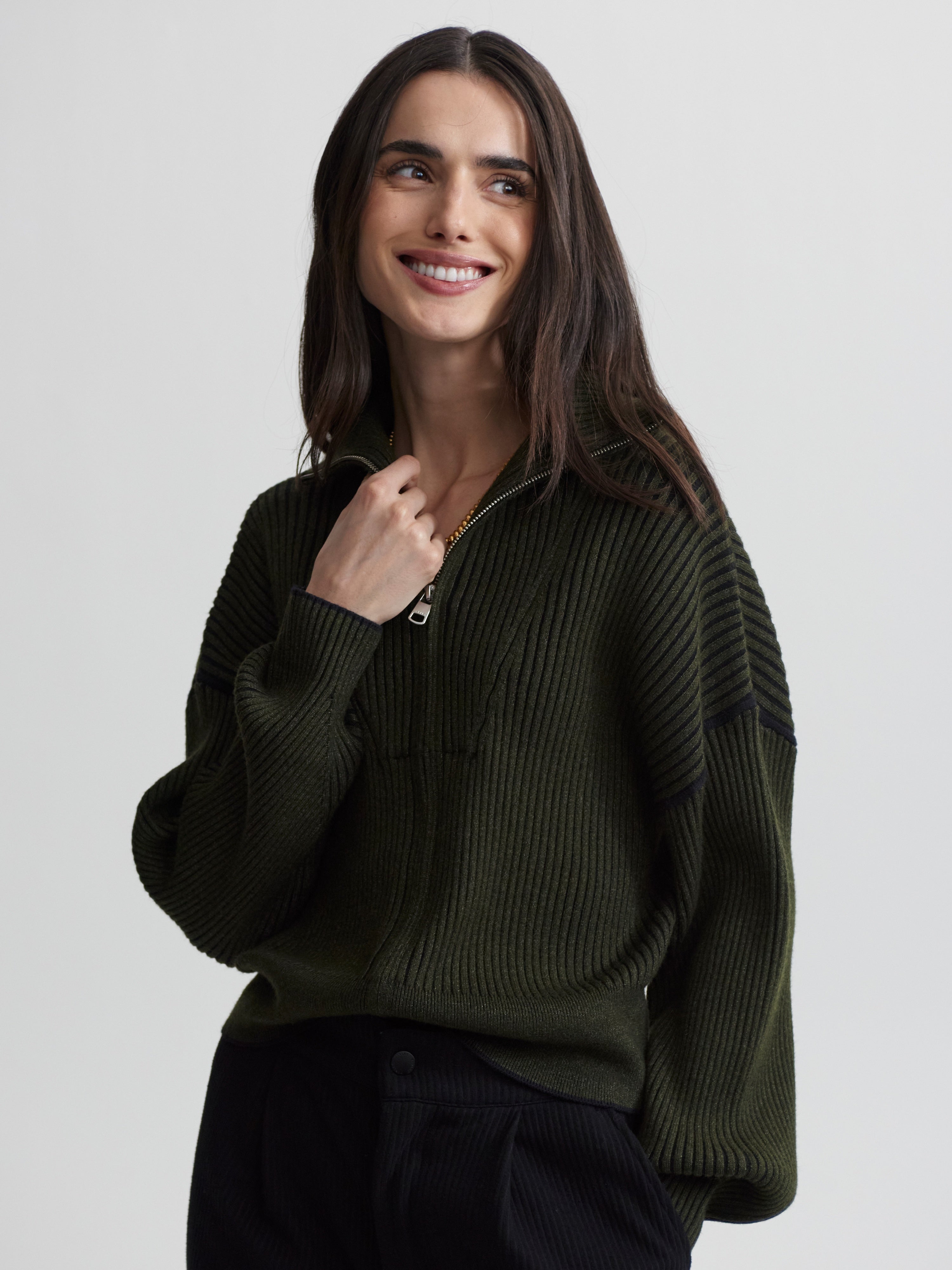 Carmen Zip Through Rib Knit - Dark Olive-Varley-Happy on Main
