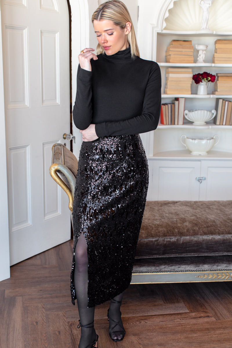 Sequin Pencil Skirt - Black Sequin-Emerson Fry-Happy on Main