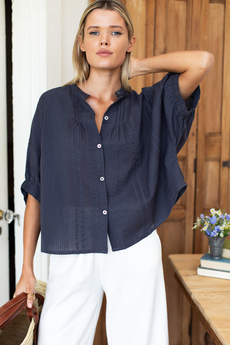 Mandarin Collar Top - Midnight Seersucker Organic-Emerson Fry-Happy on Main