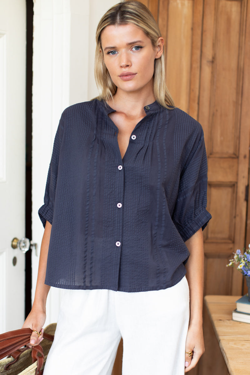 Mandarin Collar Top - Midnight Seersucker Organic-Emerson Fry-Happy on Main