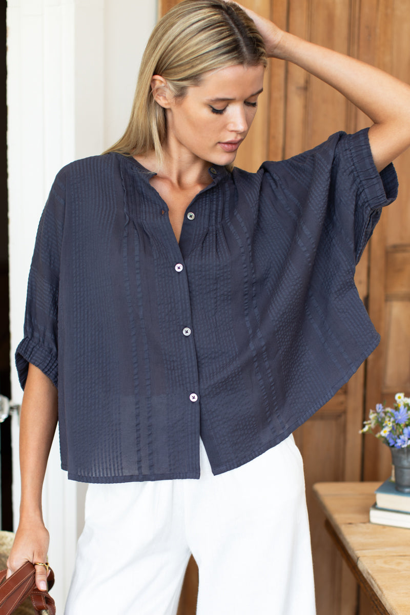 Mandarin Collar Top - Midnight Seersucker Organic-Emerson Fry-Happy on Main