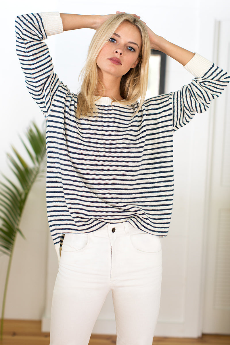 Carolyn Sweater - Navy Stripe Organic-Emerson Fry-Happy on Main