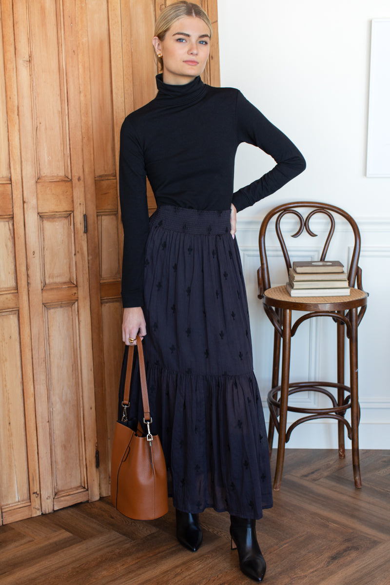 Shirred Skirt - Embroidered Clover Midnight-Emerson Fry-Happy on Main