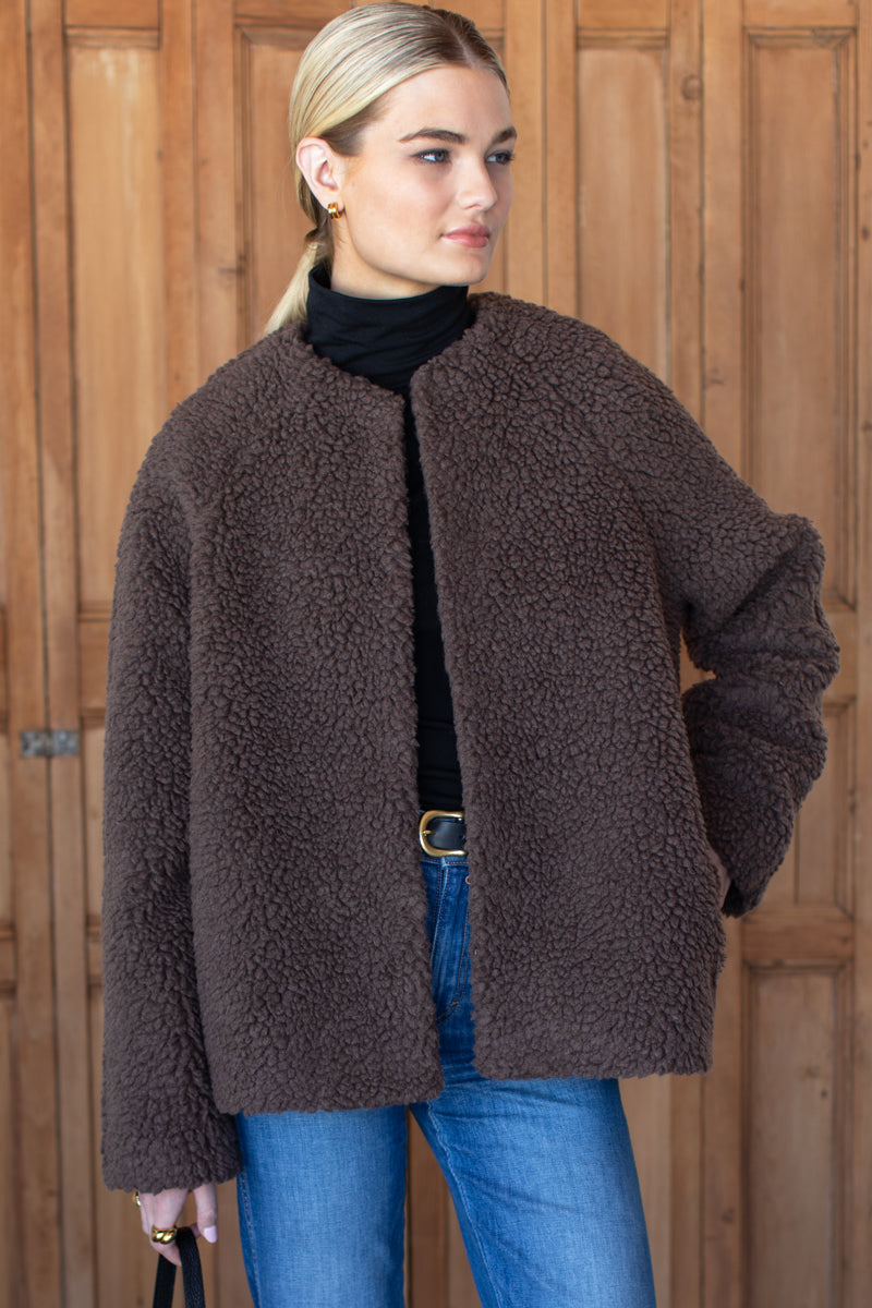 Emile Collarless Short Coat - Chocolate Boucle-Emerson Fry-Happy on Main