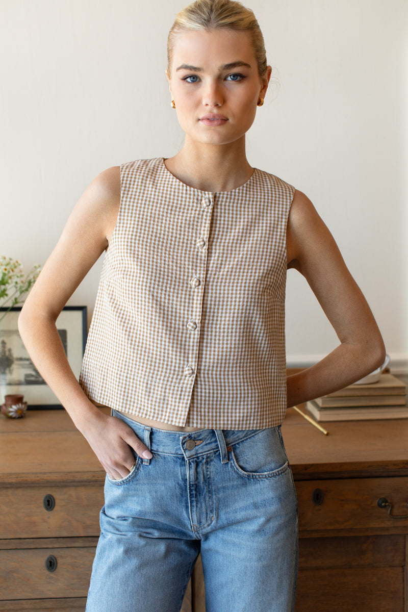 Button Front Wide Hem Top - Cafe Check