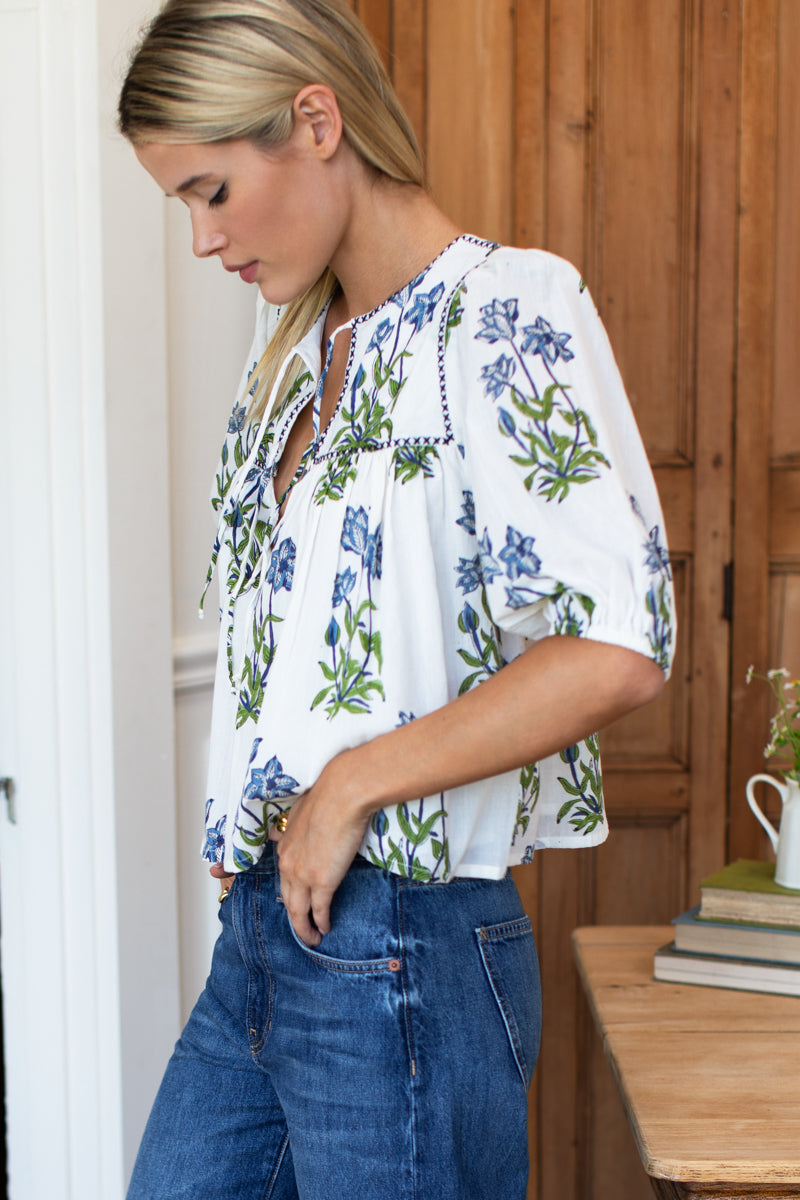 Puff Isla Top - Blue Clematis Flowers + Midnight Embroidery Organic-Emerson Fry-Happy on Main