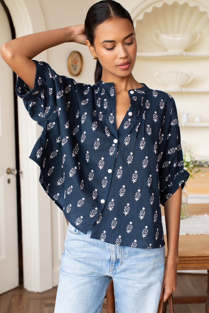 Mandarin Collar Top - Marguerite Blue 2 Organic-Emerson Fry-Happy on Main