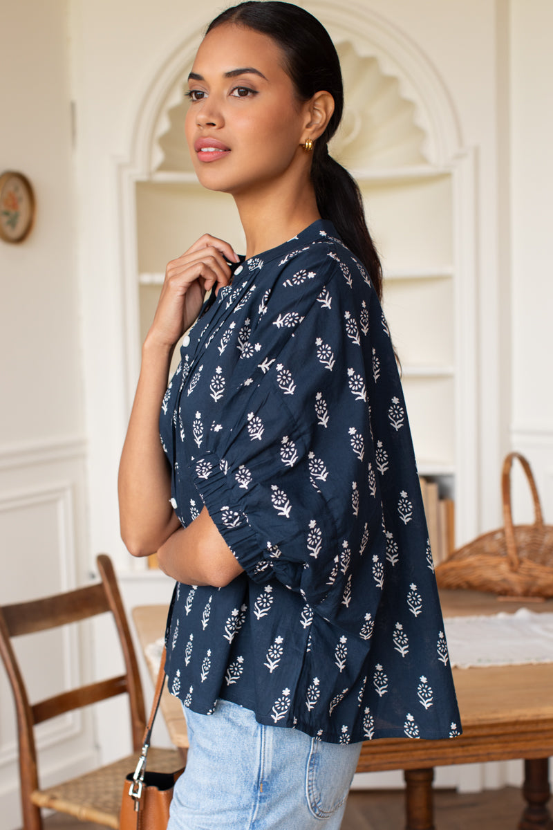 Mandarin Collar Top - Marguerite Blue 2 Organic-Emerson Fry-Happy on Main