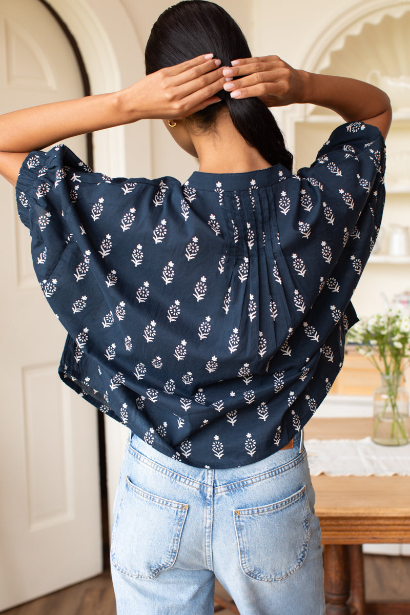 Mandarin Collar Top - Marguerite Blue 2 Organic-Emerson Fry-Happy on Main