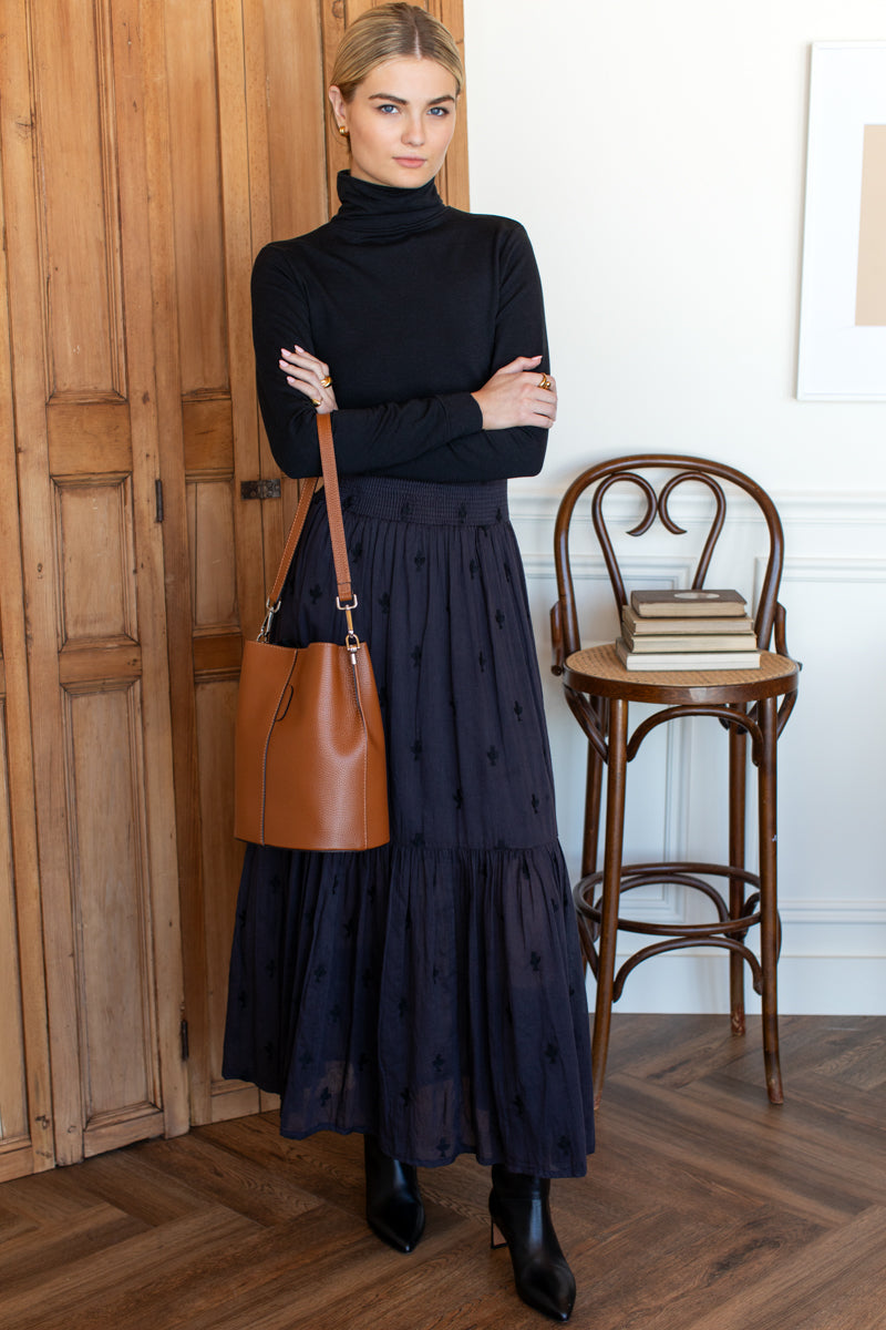 Shirred Skirt - Embroidered Clover Midnight-Emerson Fry-Happy on Main