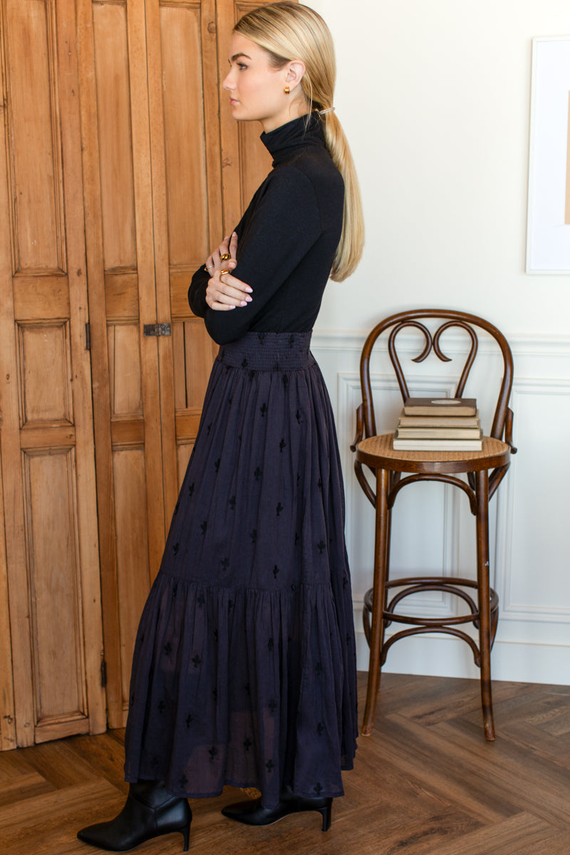 Shirred Skirt - Embroidered Clover Midnight-Emerson Fry-Happy on Main