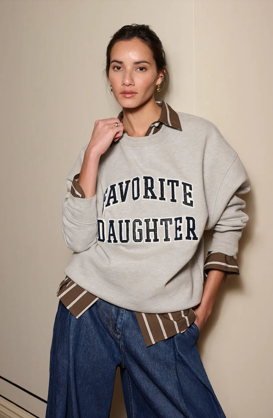 The Embroidery Collegiate Sweatshirt - Heather Grey/Navy-Favorite Daughter-Happy on Main