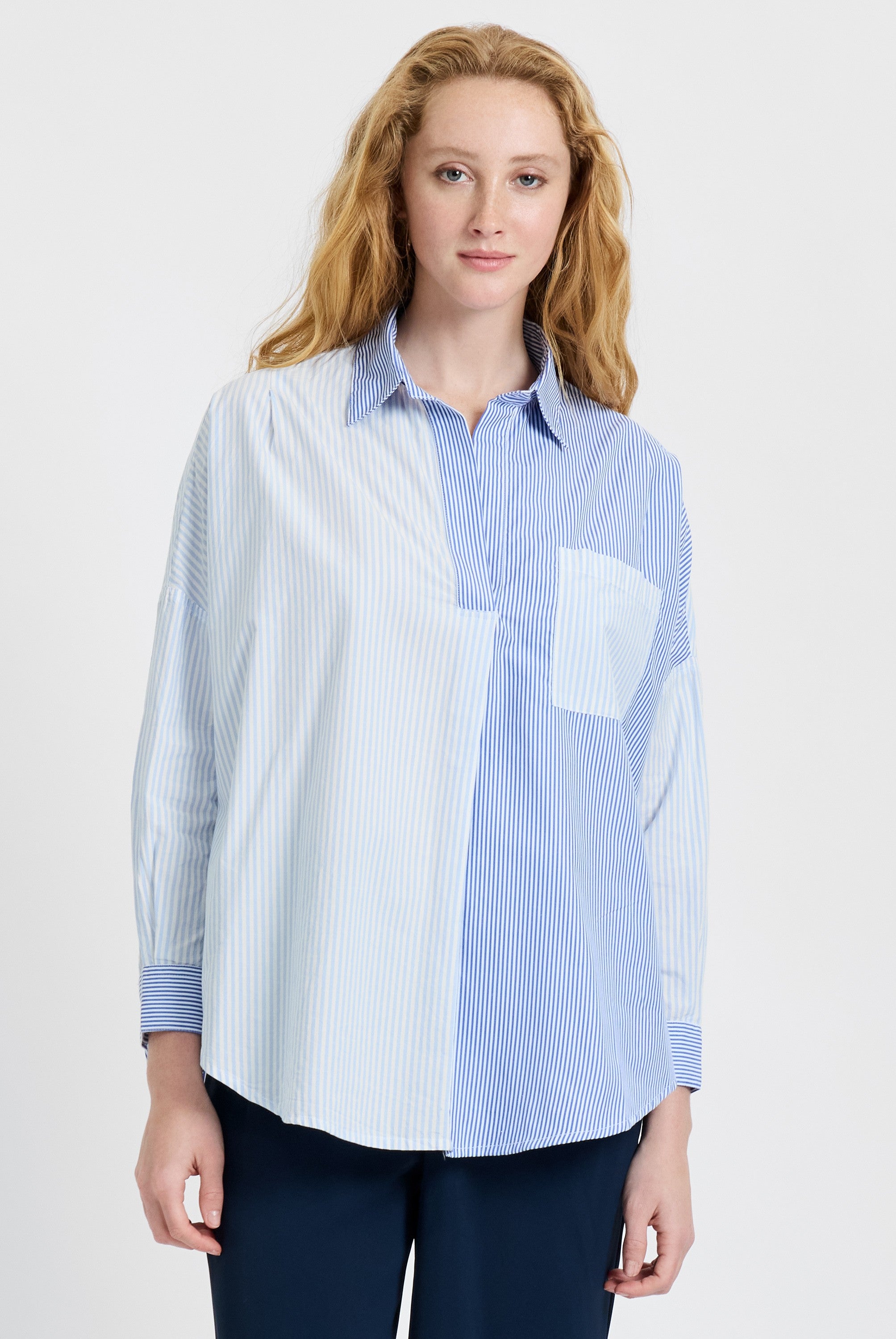Stripe Popover Shirt - Linen-Navy-Light Blue-French Connection-Happy on Main