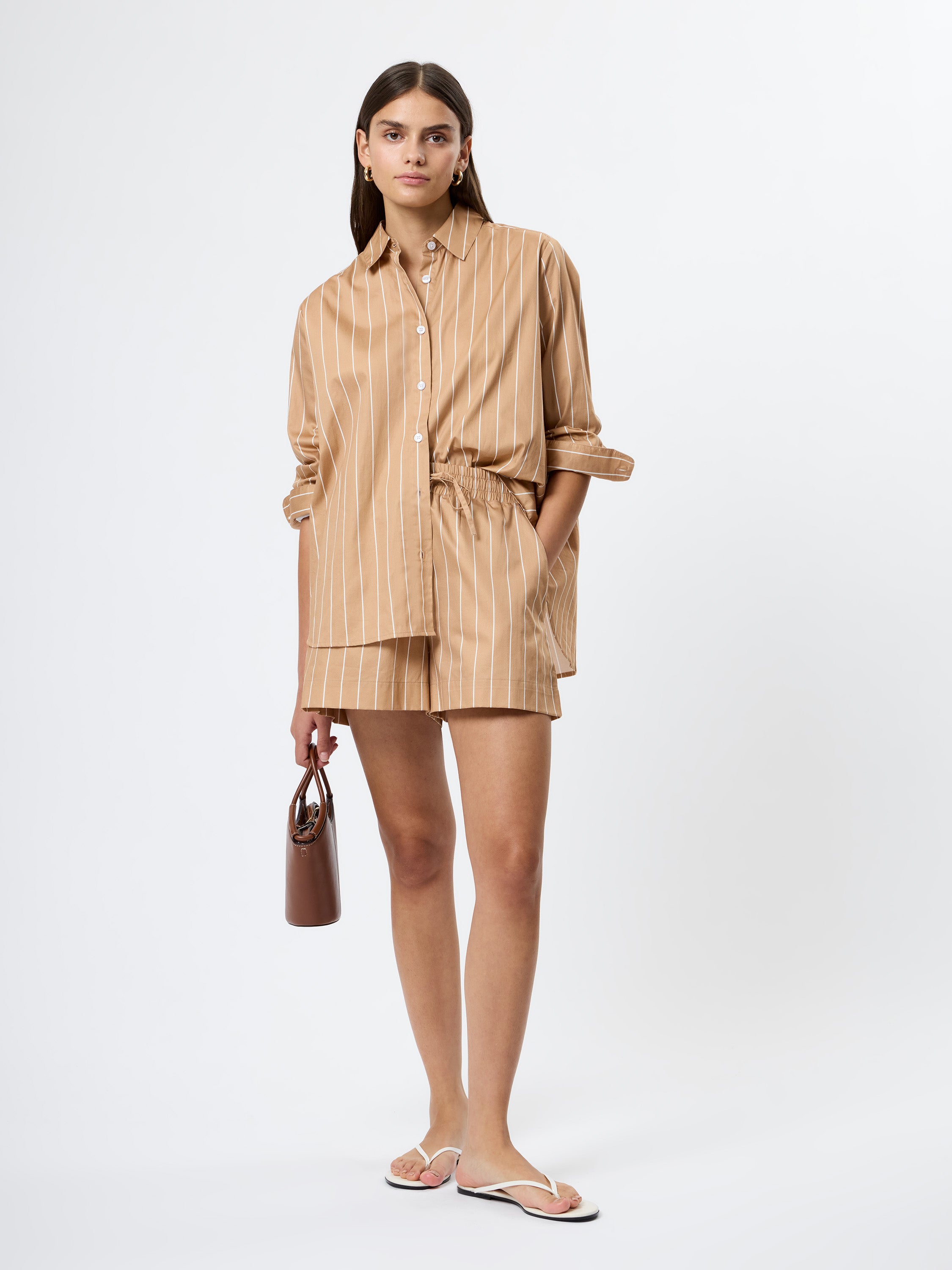 Alexis Poplin Striped Shorts - Macchiato-French Connection-Happy on Main