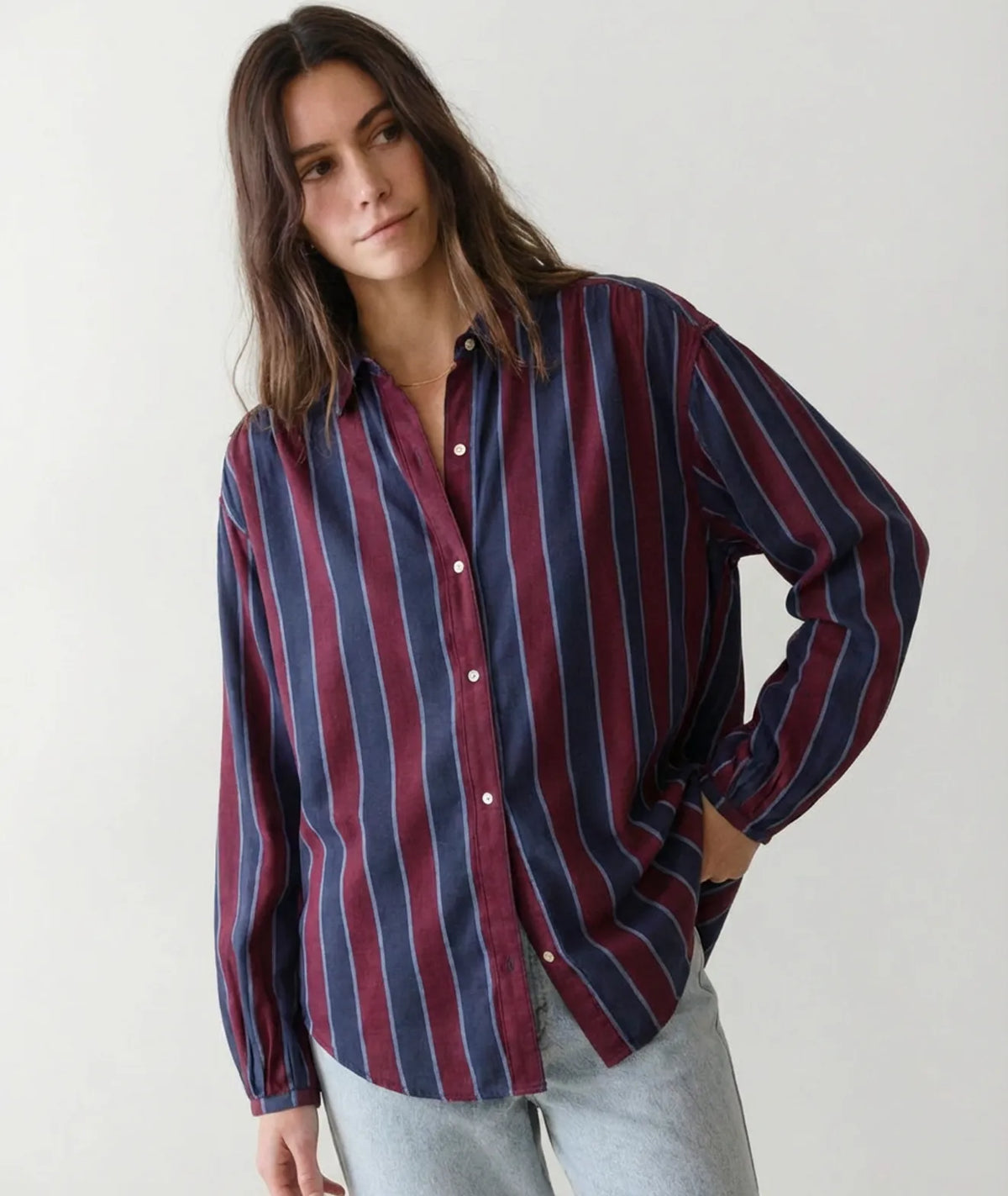 Bella Better-than-Silk Button Down - Navy/Wine Stripe-Marine Layer-Happy on Main