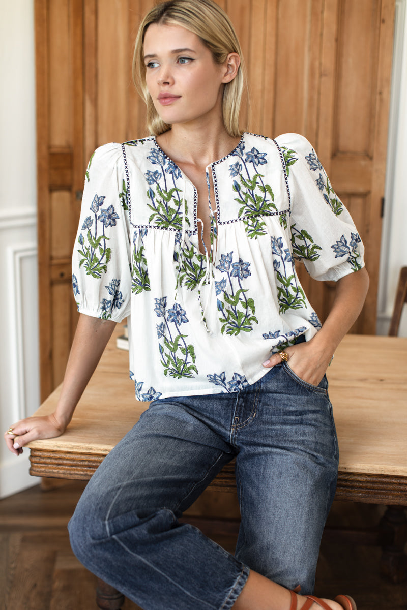 Puff Isla Top - Blue Clematis Flowers + Midnight Embroidery Organic-Emerson Fry-Happy on Main