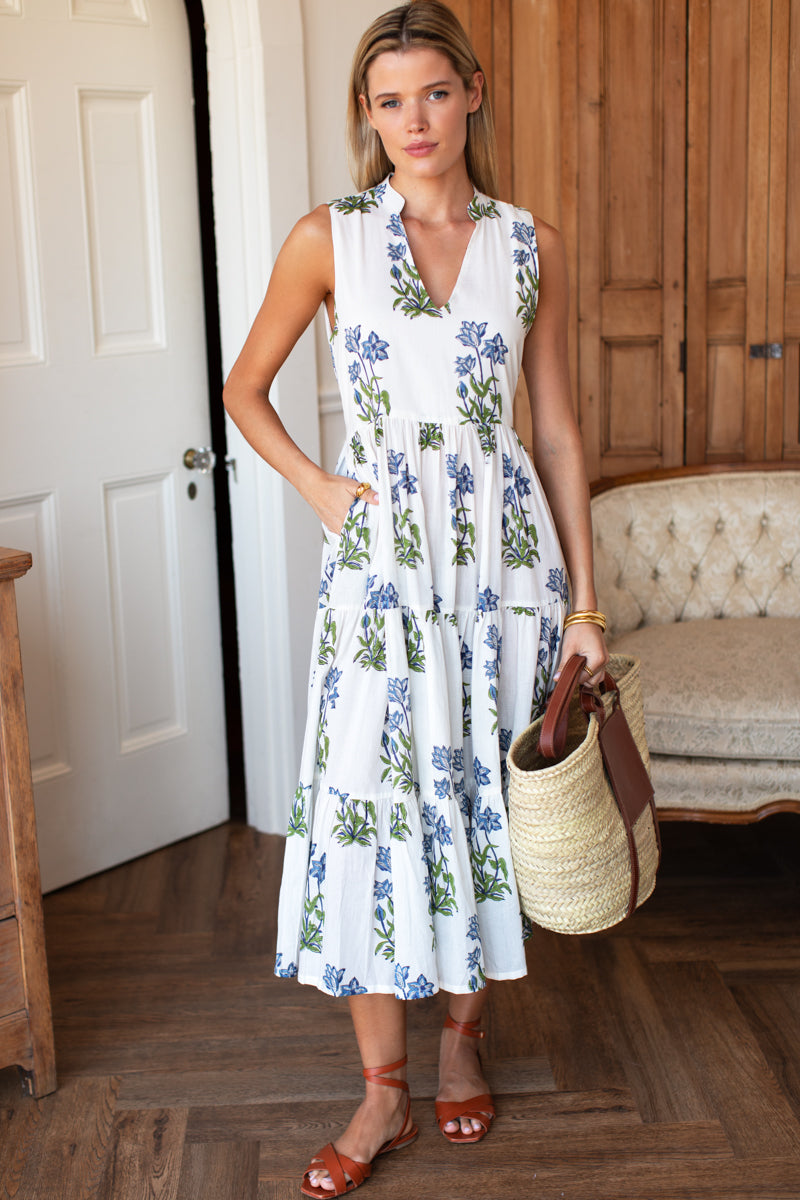 Indi Tier Dress - Blue Clematis Flowers Organic-Emerson Fry-Happy on Main
