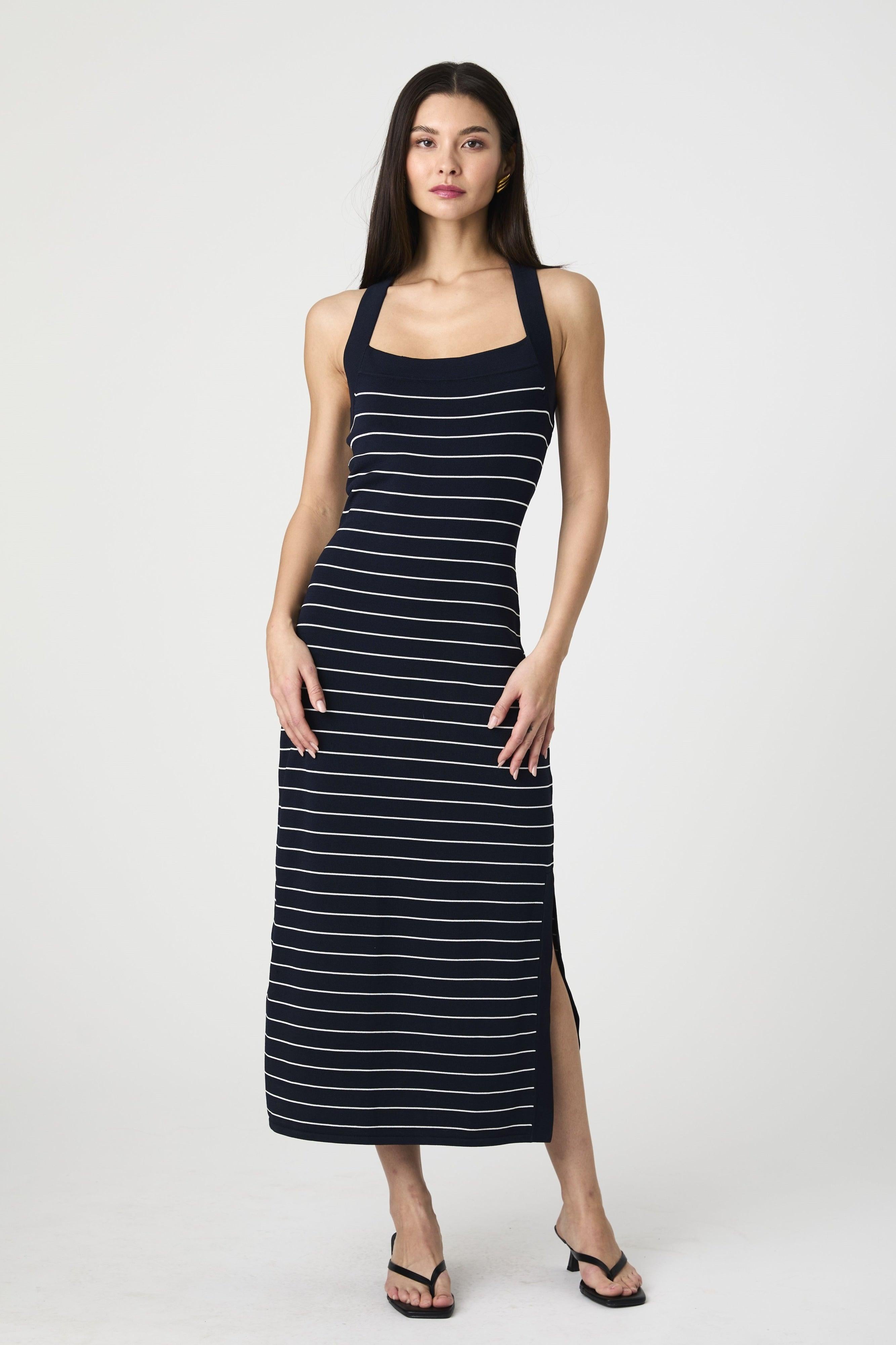 Bodycon Halter Cross Back Midi Dress-Casual Dresses-Happy on Main