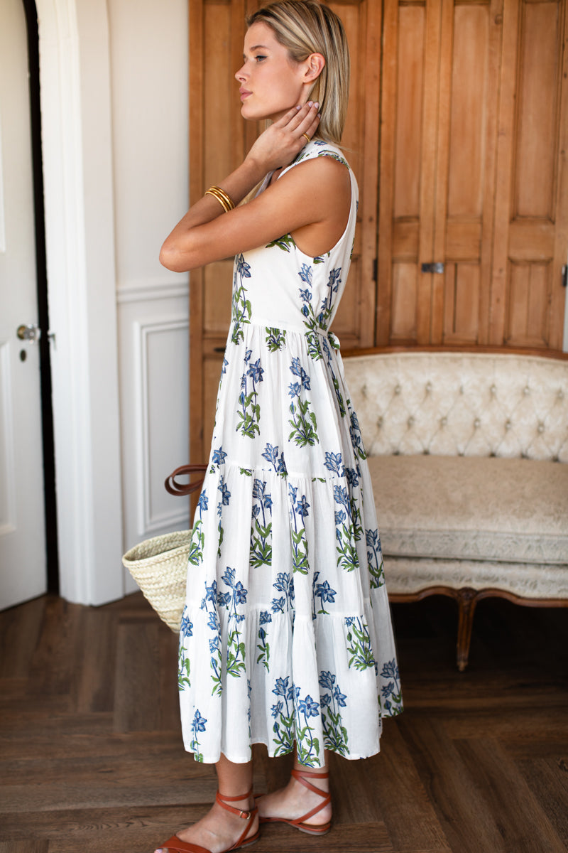 Indi Tier Dress - Blue Clematis Flowers Organic-Emerson Fry-Happy on Main