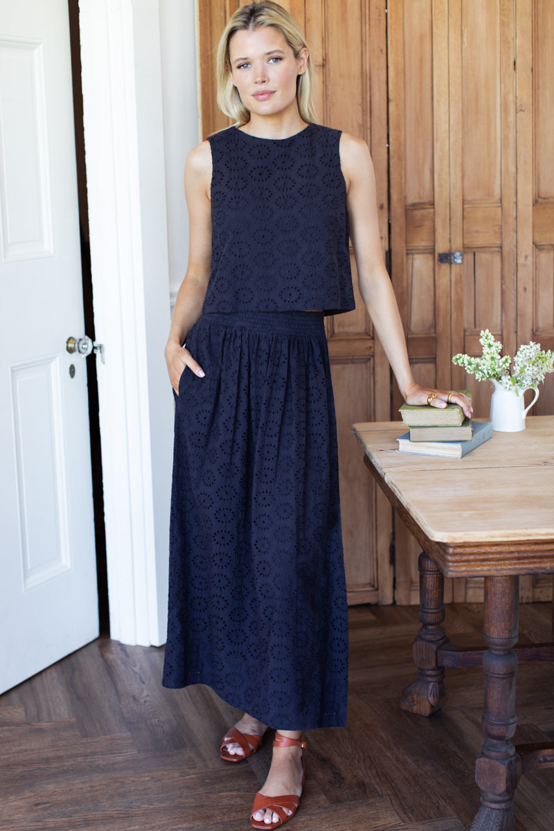 Wide Hem Skirt - Midnight Eyelet-Emerson Fry-Happy on Main