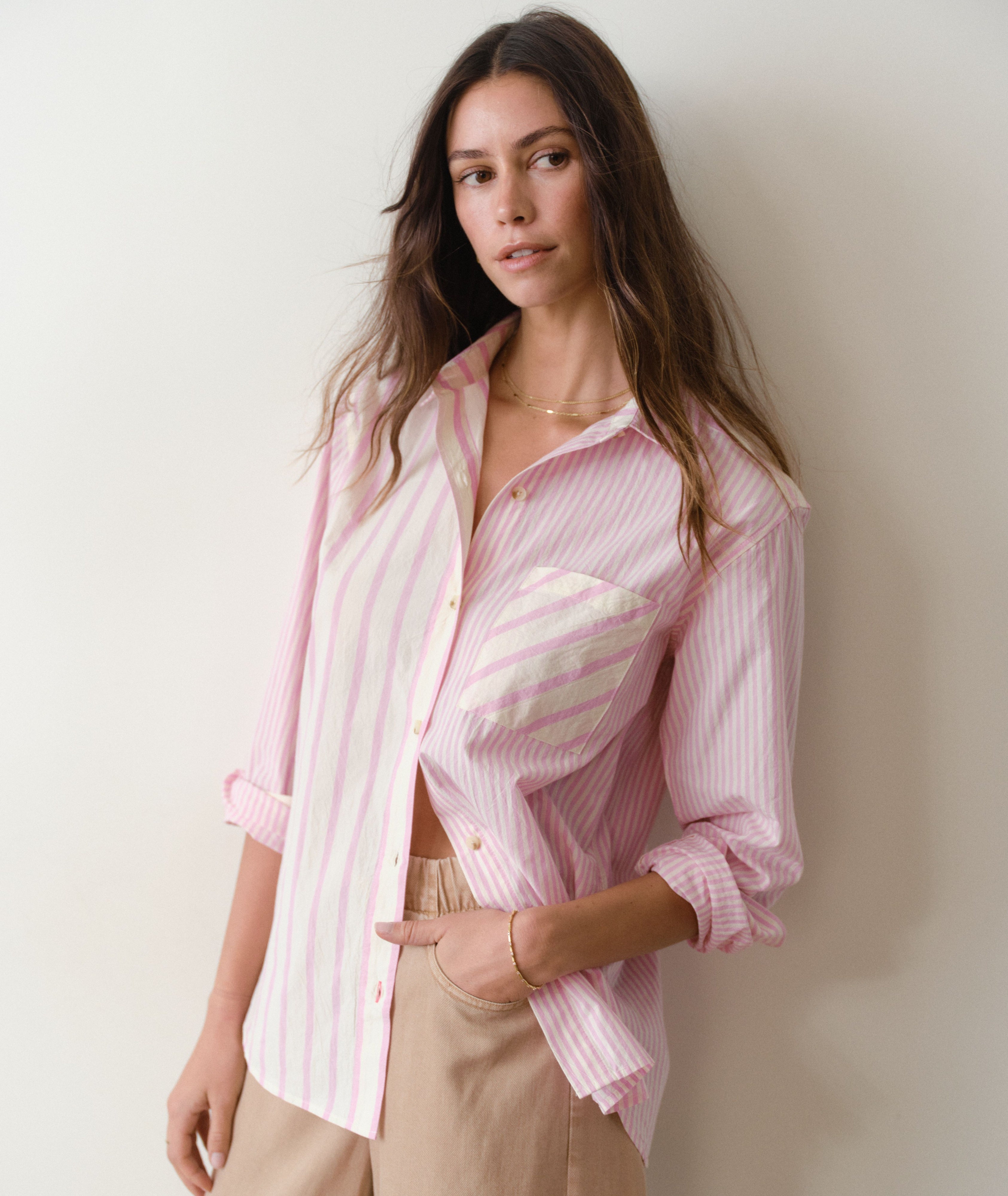Jane Relaxed Shirt in Cali Poplin - Pink Stripe-Marine Layer-Happy on Main