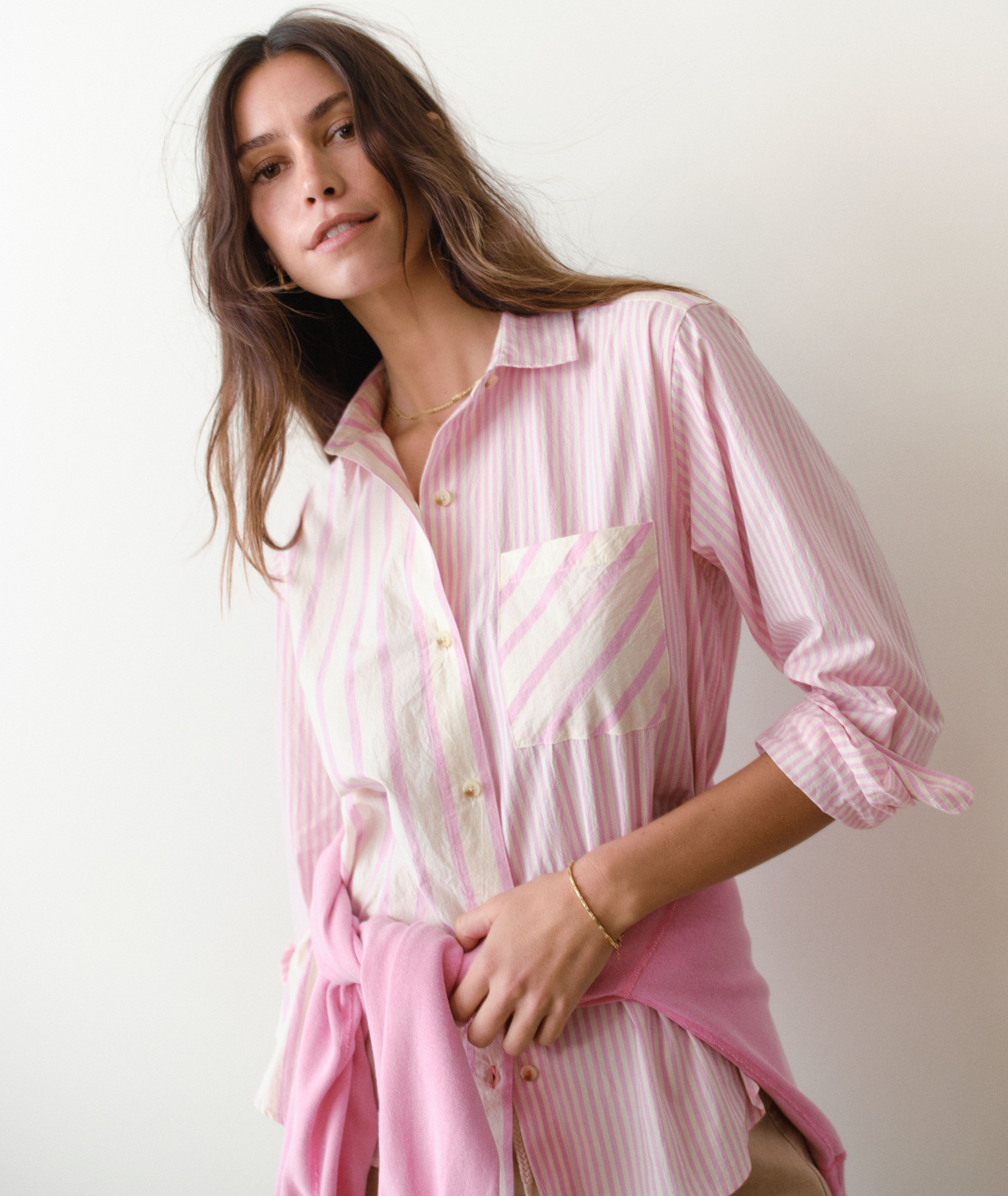 Jane Relaxed Shirt in Cali Poplin - Pink Stripe-Marine Layer-Happy on Main