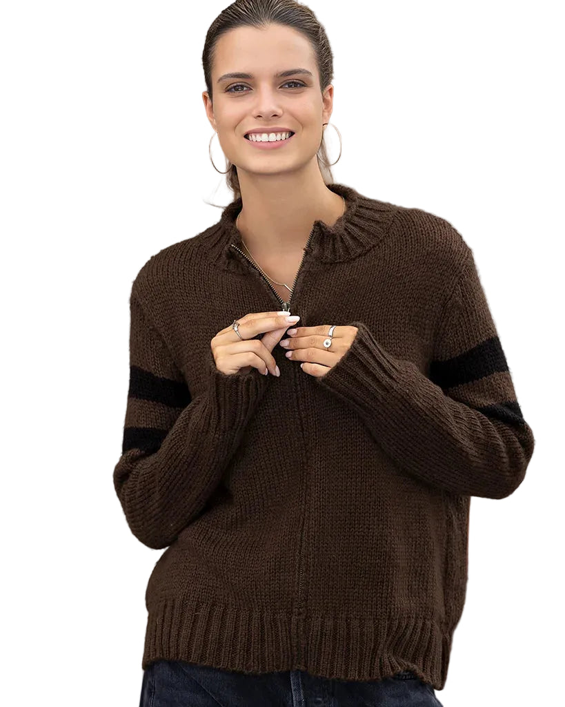 Football Back Zip Cardi Chunky - Dark Leather/Black-Wooden Ships-Happy on Main